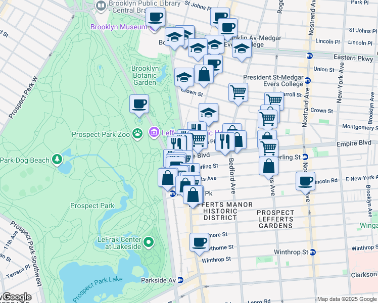 map of restaurants, bars, coffee shops, grocery stores, and more near 1069 Washington Avenue in Brooklyn