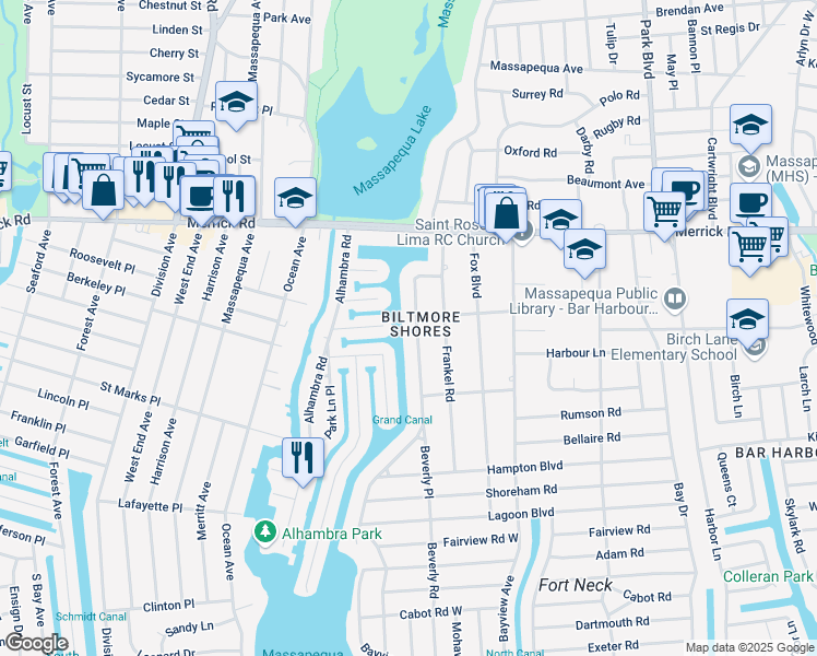 map of restaurants, bars, coffee shops, grocery stores, and more near 51 Biltmore Boulevard in Massapequa