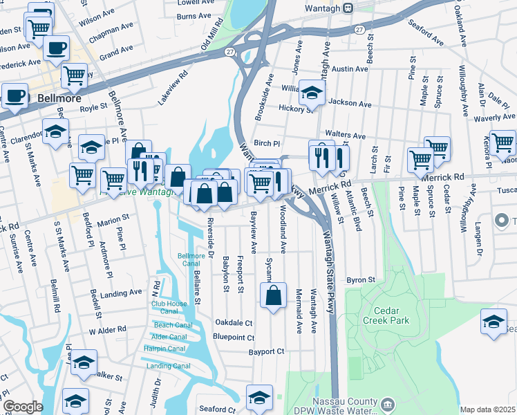 map of restaurants, bars, coffee shops, grocery stores, and more near in Wantagh