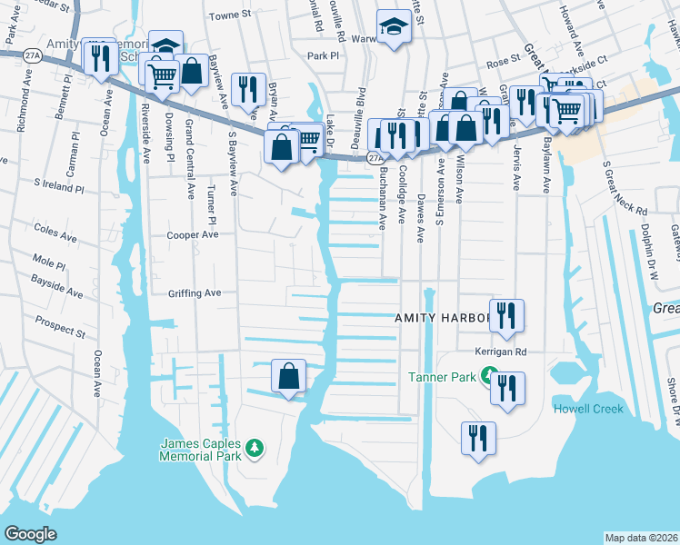 map of restaurants, bars, coffee shops, grocery stores, and more near 1 N Plaza in Amityville