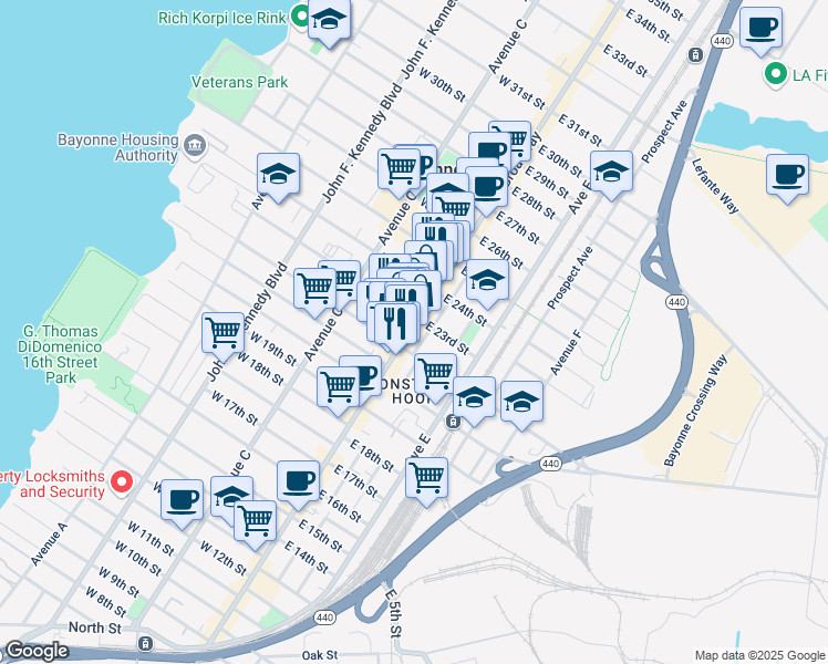 map of restaurants, bars, coffee shops, grocery stores, and more near 492 Broadway in Bayonne