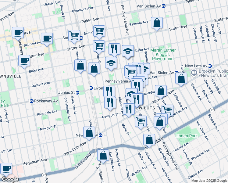 map of restaurants, bars, coffee shops, grocery stores, and more near 503 Williams Avenue in Brooklyn