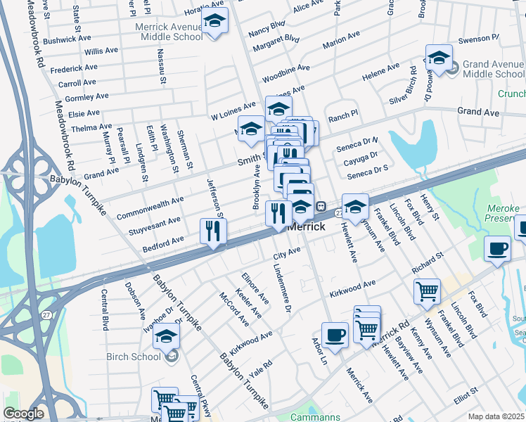 map of restaurants, bars, coffee shops, grocery stores, and more near 1240 New York 27 in Merrick