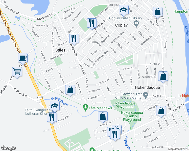 map of restaurants, bars, coffee shops, grocery stores, and more near 1200 Center Street in Lehigh County