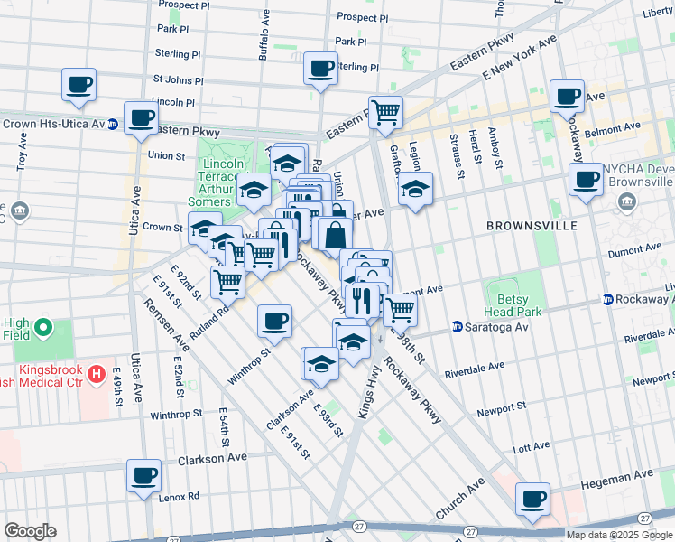map of restaurants, bars, coffee shops, grocery stores, and more near 146 Winthrop Street in Brooklyn