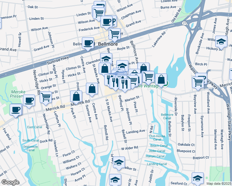 map of restaurants, bars, coffee shops, grocery stores, and more near 2701 Merrick Road in Bellmore