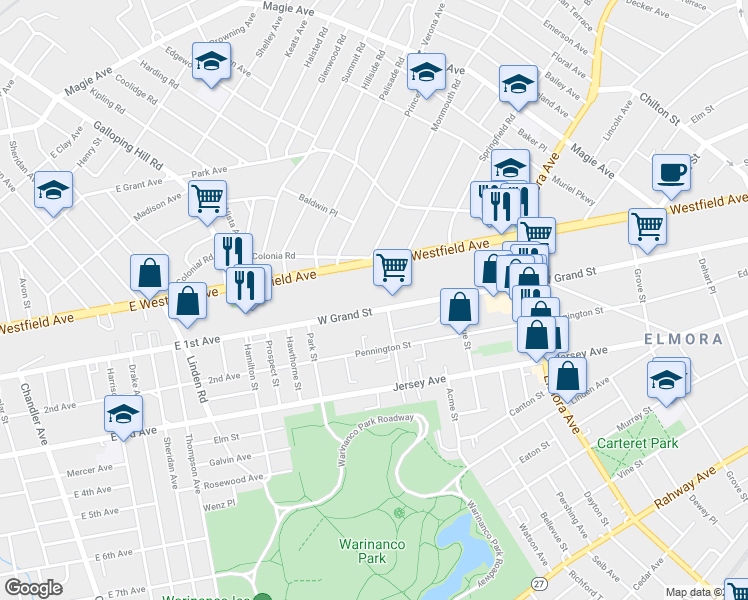 map of restaurants, bars, coffee shops, grocery stores, and more near 837 West Grand Street in Elizabeth