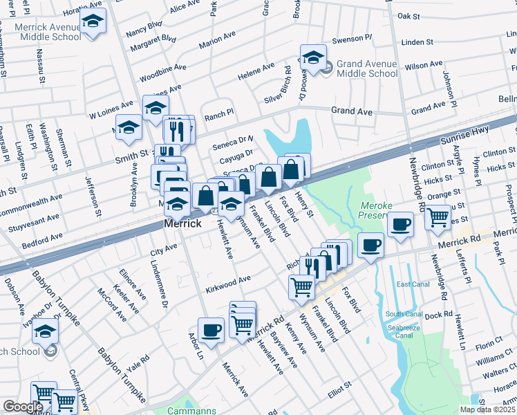 map of restaurants, bars, coffee shops, grocery stores, and more near 18 Lincoln Boulevard in Merrick