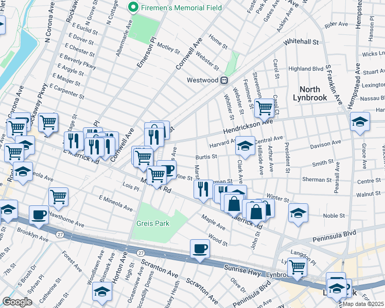map of restaurants, bars, coffee shops, grocery stores, and more near 101 Burtis Street in Lynbrook