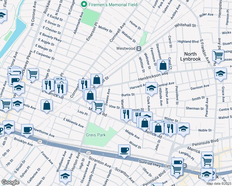 map of restaurants, bars, coffee shops, grocery stores, and more near 101 Burtis Street in Lynbrook
