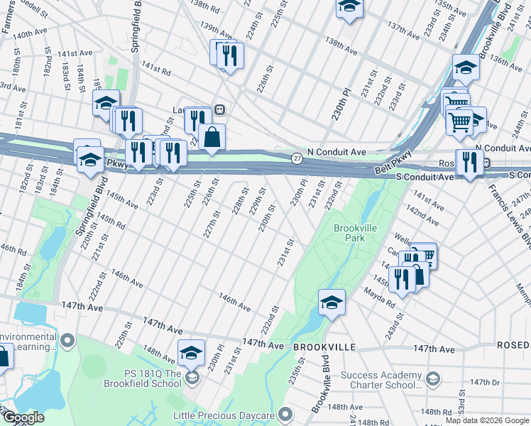map of restaurants, bars, coffee shops, grocery stores, and more near 229-07 144th Avenue in Queens