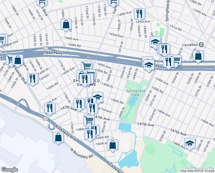 map of restaurants, bars, coffee shops, grocery stores, and more near 180-02 145th Drive in Queens