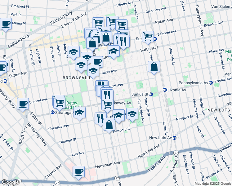 map of restaurants, bars, coffee shops, grocery stores, and more near 275 Livonia Avenue in Brooklyn
