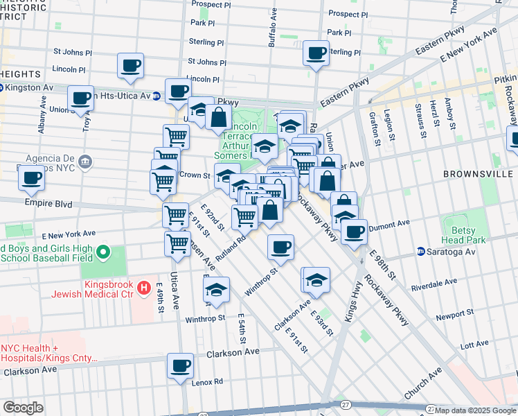 map of restaurants, bars, coffee shops, grocery stores, and more near 80 East 95th Street in Brooklyn