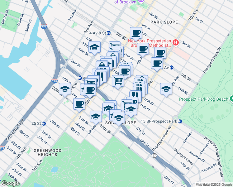 map of restaurants, bars, coffee shops, grocery stores, and more near 581 6th Avenue in Brooklyn