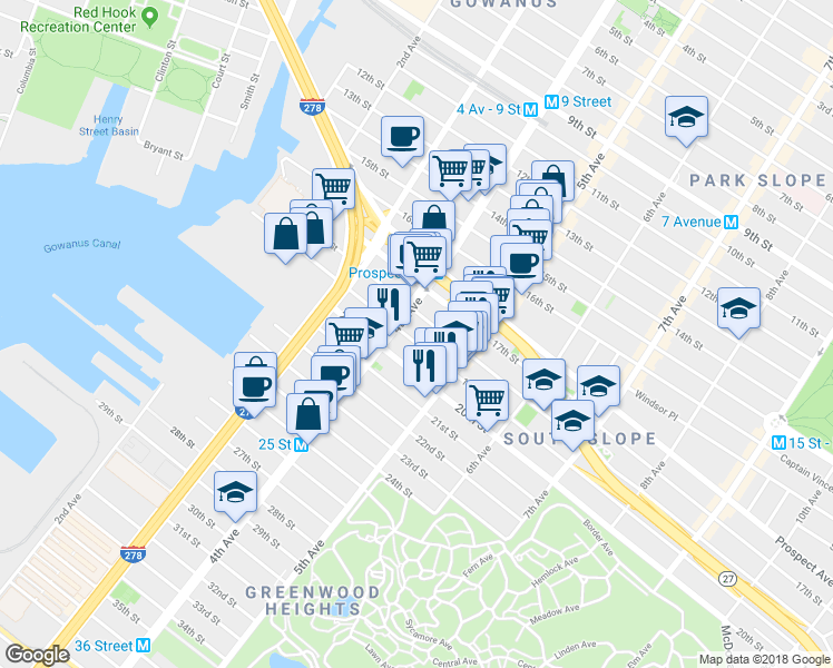 map of restaurants, bars, coffee shops, grocery stores, and more near 189 19th Street in Brooklyn