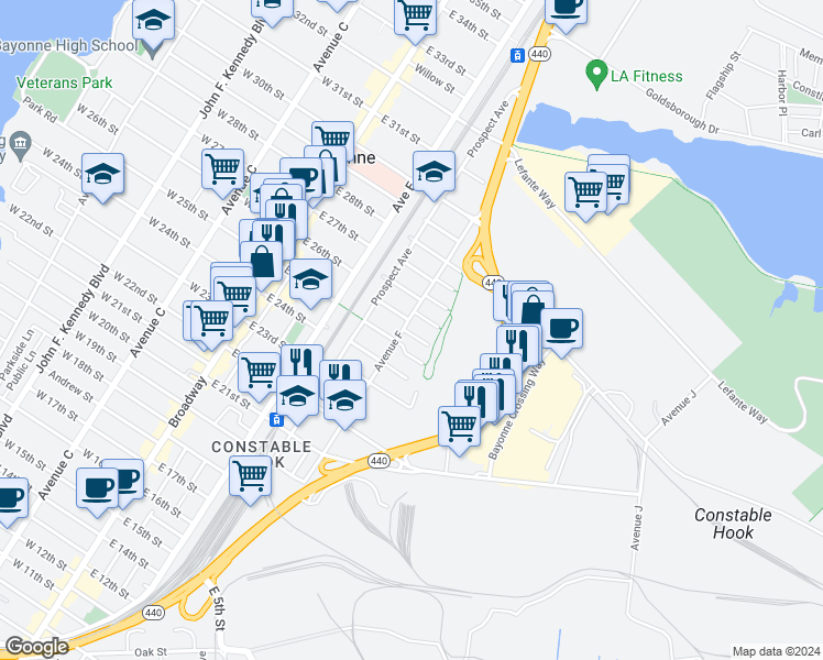 map of restaurants, bars, coffee shops, grocery stores, and more near 2 Packard Street in Bayonne