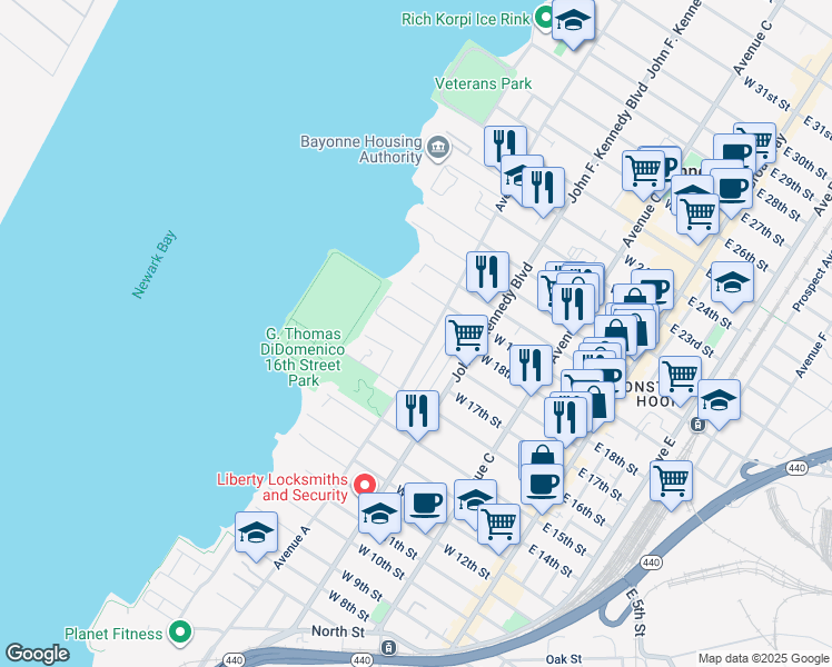 map of restaurants, bars, coffee shops, grocery stores, and more near 49 Parkside Lane in Bayonne
