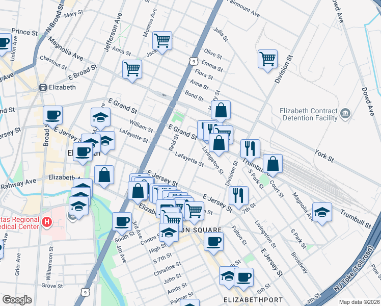 map of restaurants, bars, coffee shops, grocery stores, and more near 160 Smith Street in Elizabeth