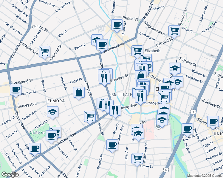 map of restaurants, bars, coffee shops, grocery stores, and more near 58 Cherry Street in Elizabeth