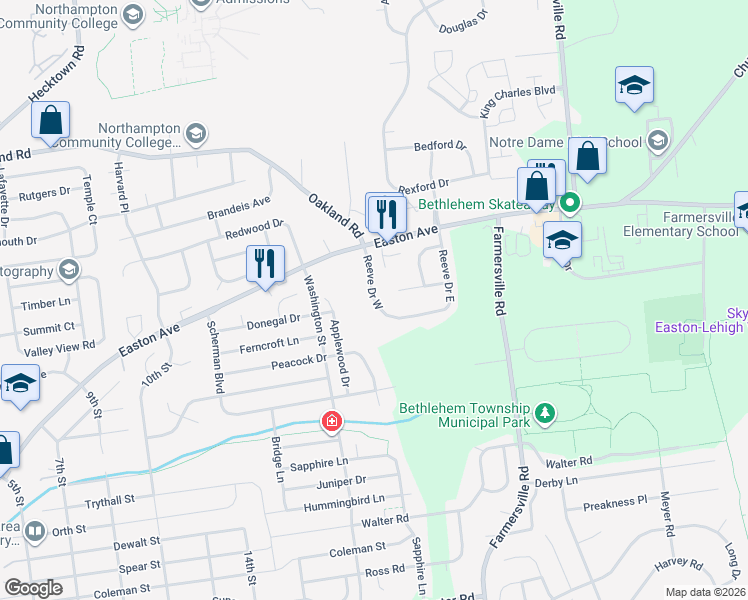 map of restaurants, bars, coffee shops, grocery stores, and more near 3227 Reeve Drive West in Bethlehem