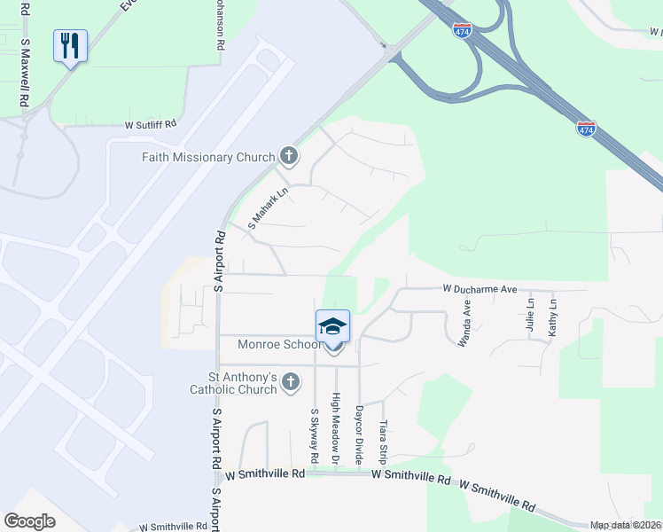 map of restaurants, bars, coffee shops, grocery stores, and more near Harp Hollow Road in Peoria