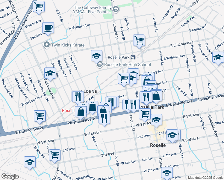 map of restaurants, bars, coffee shops, grocery stores, and more near 141 West Grant Avenue in Roselle Park