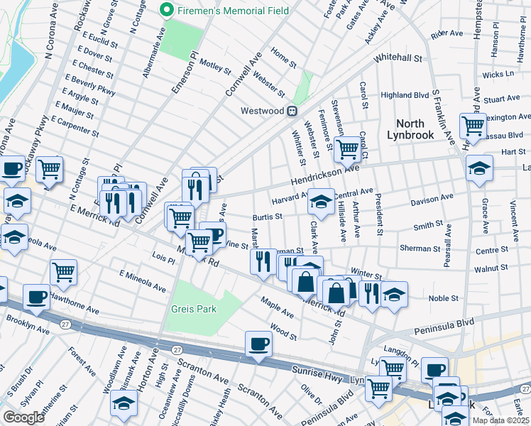 map of restaurants, bars, coffee shops, grocery stores, and more near 77 Burtis Street in Lynbrook