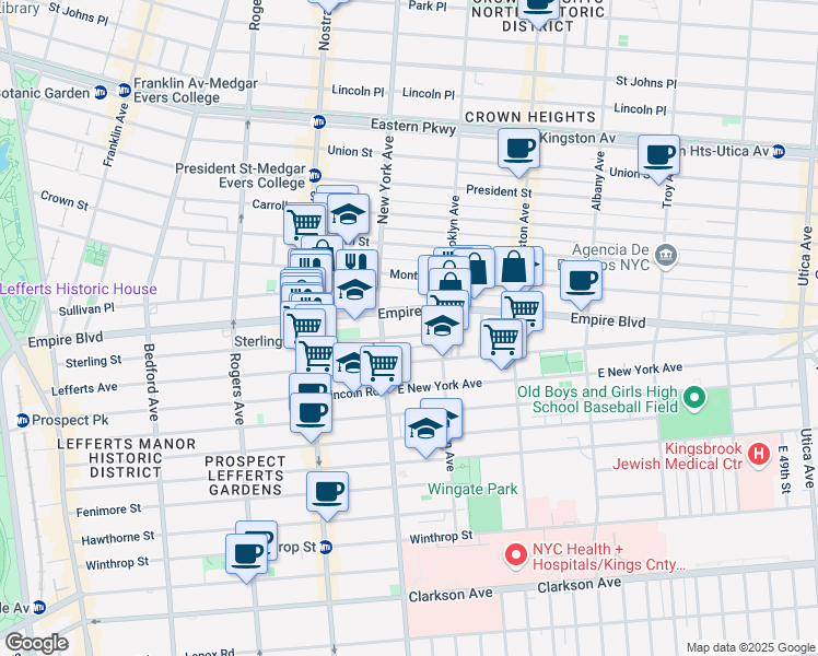 map of restaurants, bars, coffee shops, grocery stores, and more near 425 Sterling Street in Brooklyn