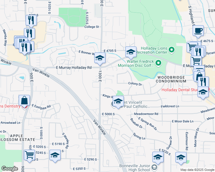 map of restaurants, bars, coffee shops, grocery stores, and more near 1341 Rebecca Circle in Holladay