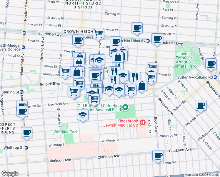 map of restaurants, bars, coffee shops, grocery stores, and more near 736 Empire Boulevard in Brooklyn