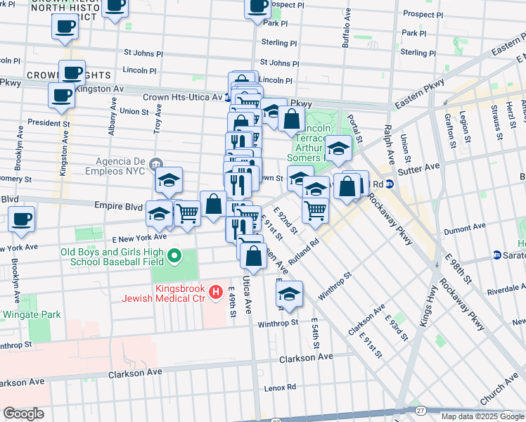 map of restaurants, bars, coffee shops, grocery stores, and more near 5 East 91st Street in Brooklyn