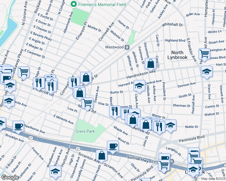 map of restaurants, bars, coffee shops, grocery stores, and more near 77 Burtis Street in Lynbrook