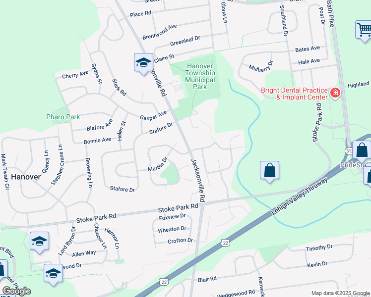 map of restaurants, bars, coffee shops, grocery stores, and more near 1106 Granite Drive in Bethlehem