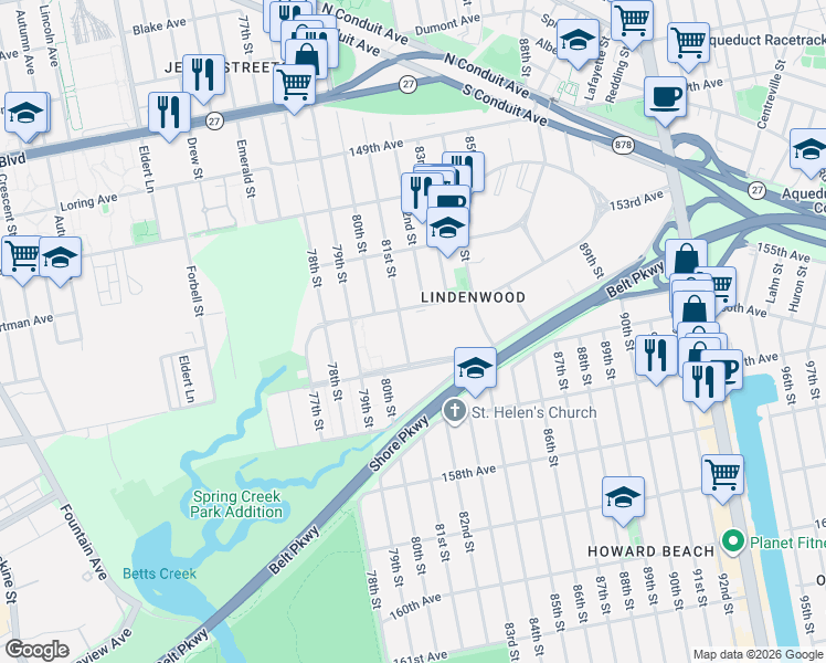 map of restaurants, bars, coffee shops, grocery stores, and more near 15532 81st Street in Queens