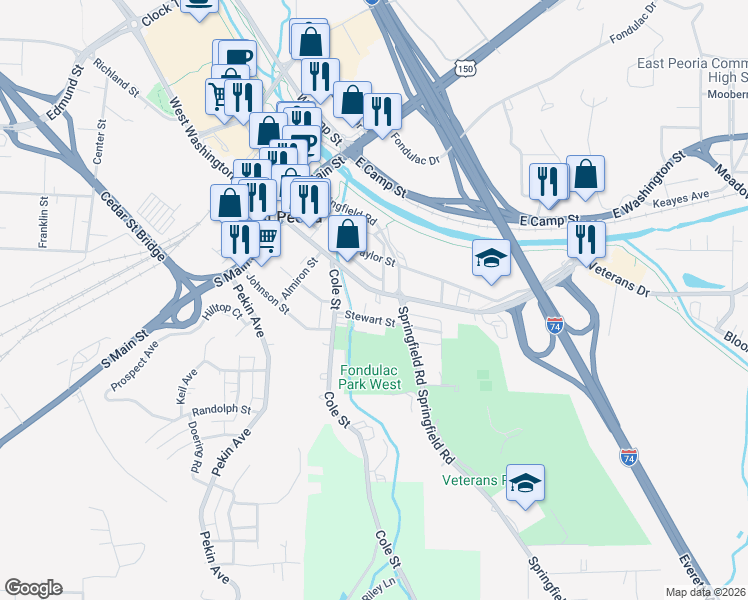 map of restaurants, bars, coffee shops, grocery stores, and more near 300 East Washington Street in East Peoria