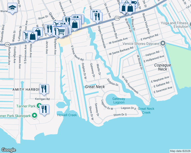 map of restaurants, bars, coffee shops, grocery stores, and more near 75 Gateway Drive in Copiague