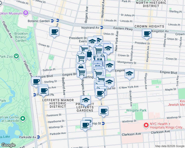map of restaurants, bars, coffee shops, grocery stores, and more near 302 Empire Boulevard in Brooklyn