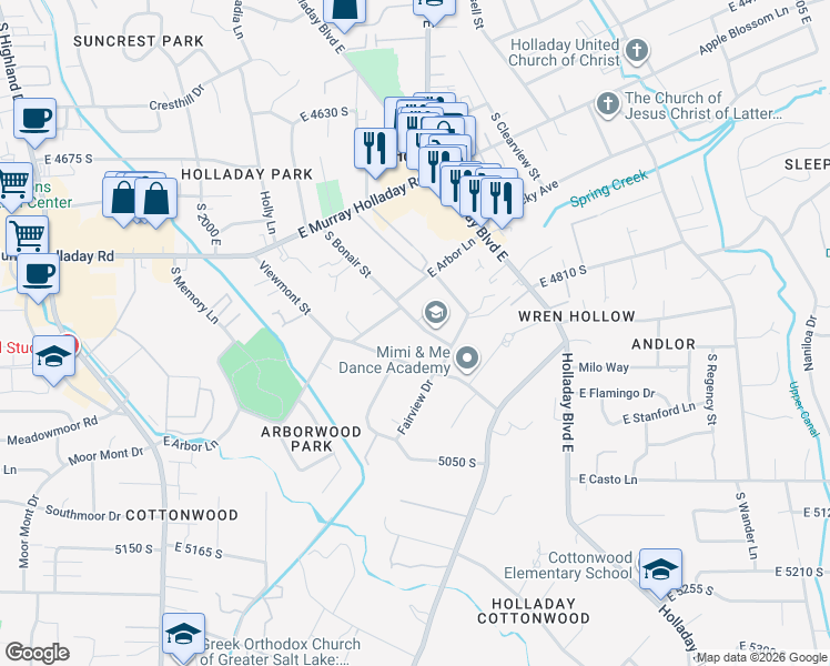 map of restaurants, bars, coffee shops, grocery stores, and more near 2290 East Bonair Street in Holladay