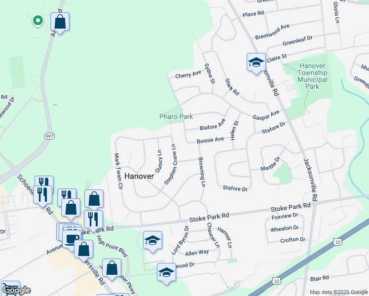 map of restaurants, bars, coffee shops, grocery stores, and more near 1381 Bonnie Avenue in Bethlehem