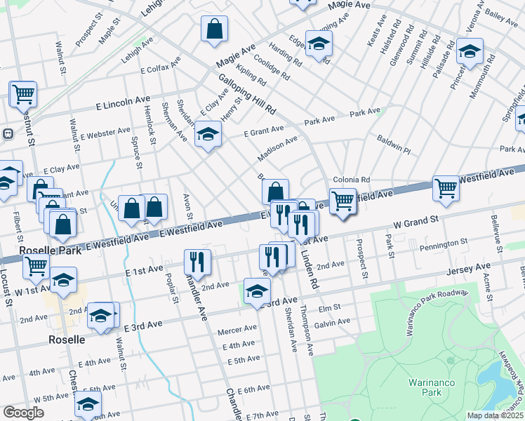 map of restaurants, bars, coffee shops, grocery stores, and more near 375 Westfield Avenue East in Roselle Park