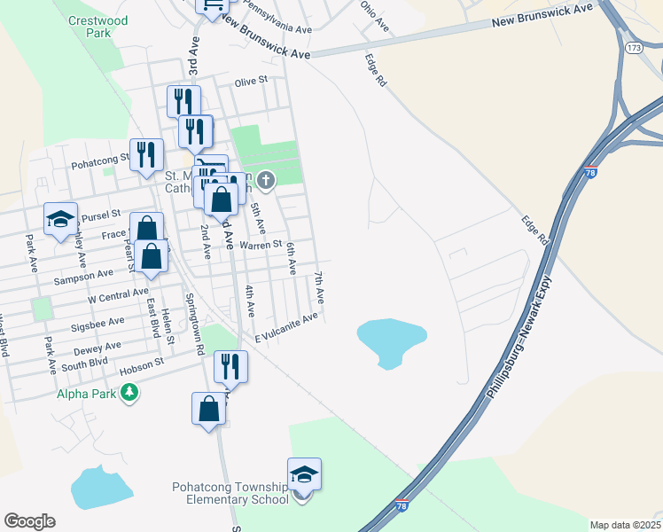 map of restaurants, bars, coffee shops, grocery stores, and more near 725 East Central Avenue in Alpha