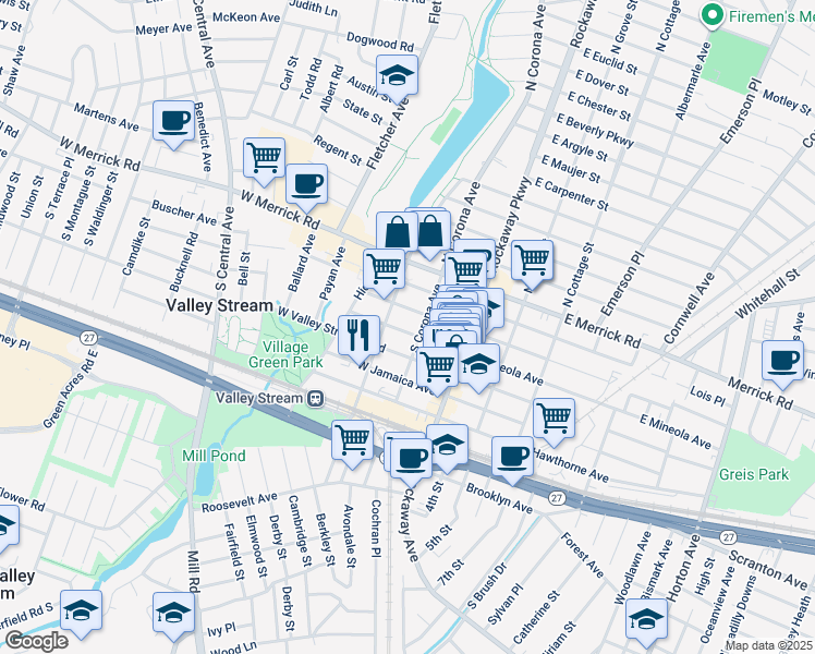 map of restaurants, bars, coffee shops, grocery stores, and more near 43 West Mineola Avenue in Valley Stream