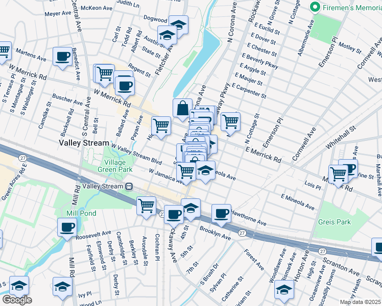 map of restaurants, bars, coffee shops, grocery stores, and more near 14 West Fairview Avenue in Valley Stream