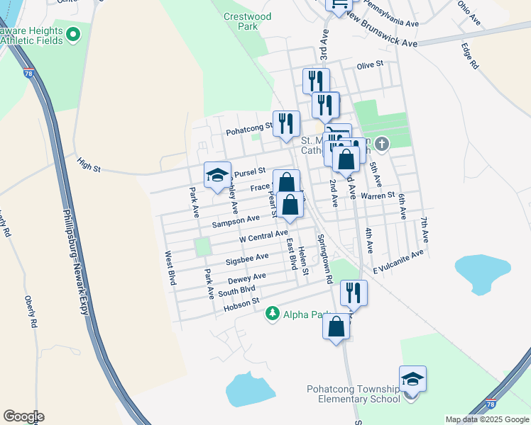 map of restaurants, bars, coffee shops, grocery stores, and more near 729 Sampson Avenue in Phillipsburg