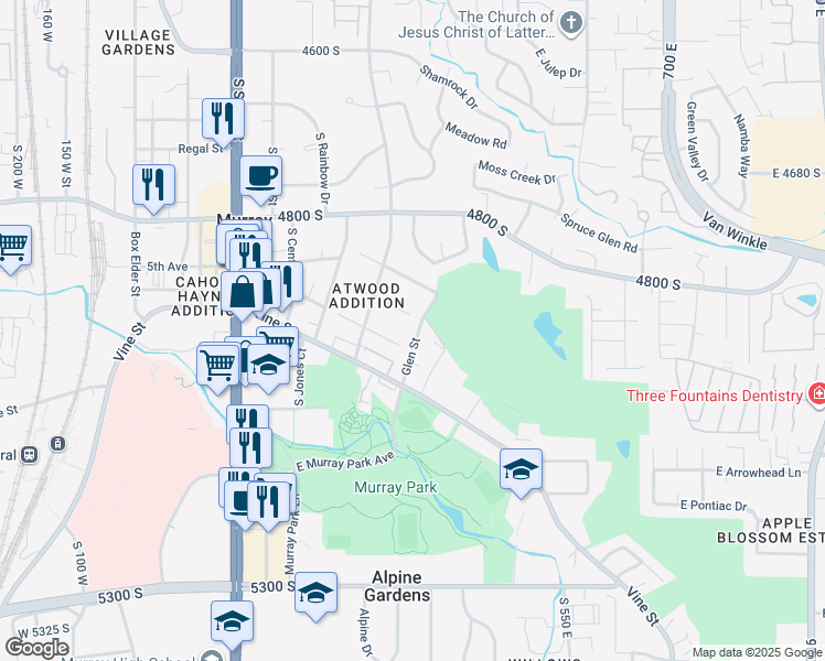 map of restaurants, bars, coffee shops, grocery stores, and more near 323 Elm Street in Murray