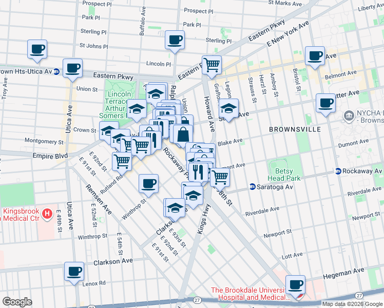 map of restaurants, bars, coffee shops, grocery stores, and more near 146 Winthrop Street in Brooklyn