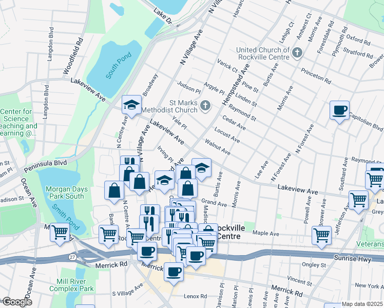 map of restaurants, bars, coffee shops, grocery stores, and more near 115 Hempstead Avenue in Rockville Centre