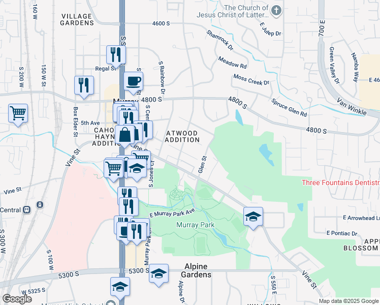 map of restaurants, bars, coffee shops, grocery stores, and more near 313 Elm Street in Murray
