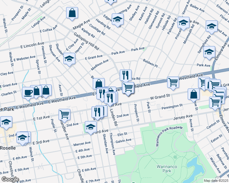 map of restaurants, bars, coffee shops, grocery stores, and more near 458 East Westfield Avenue in Roselle Park